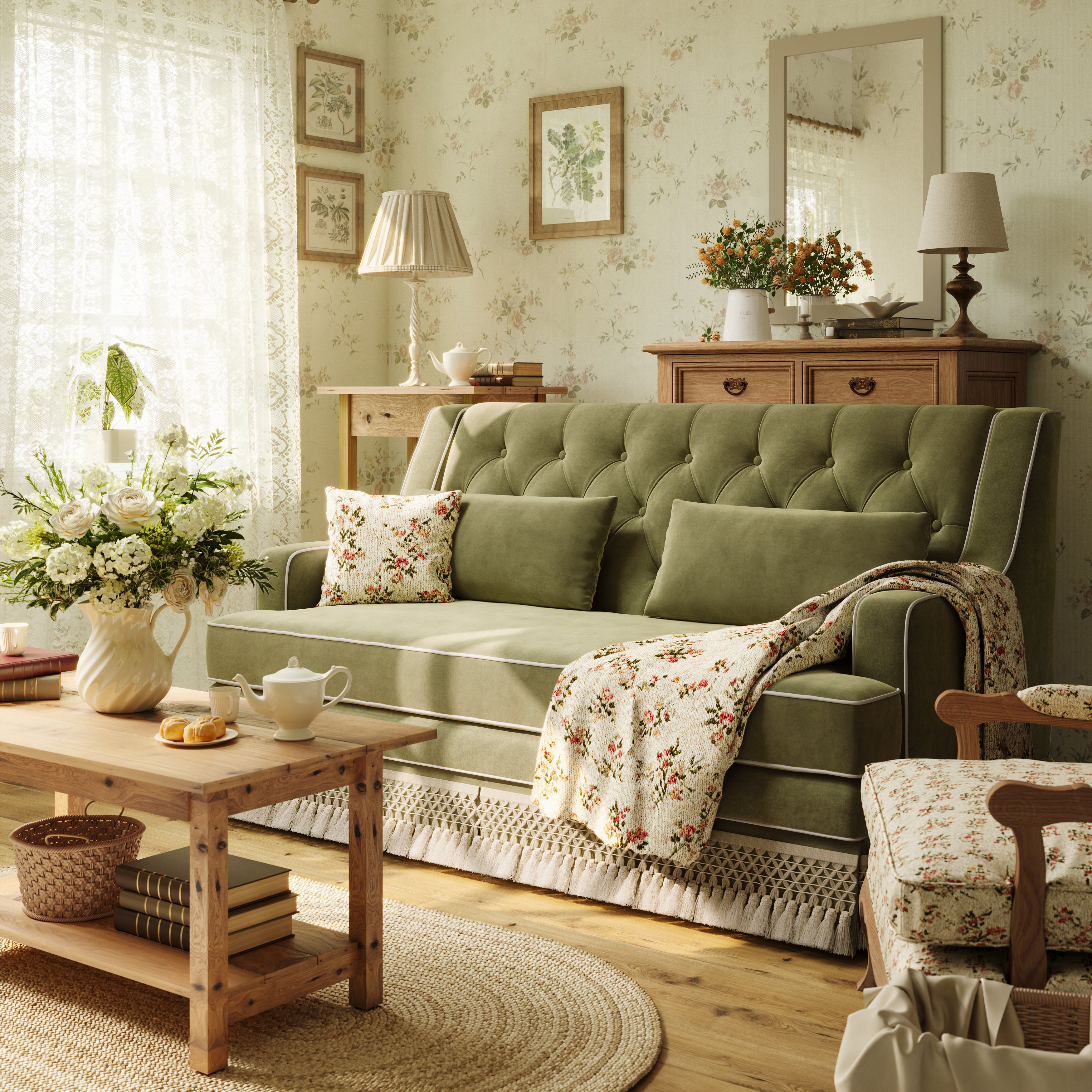 Country Fringe Skirt Sofa for Relaxed Home Living