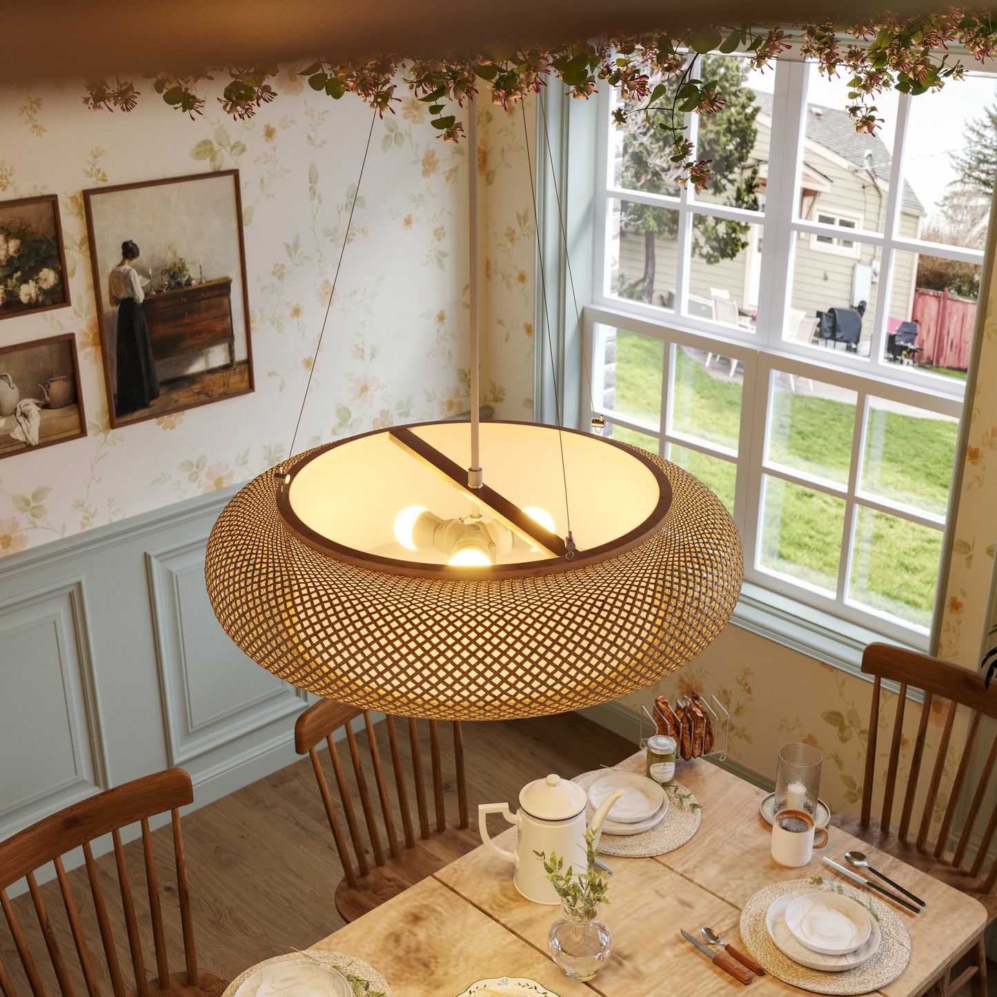 overhead view of bamboo pendant light above a dining table