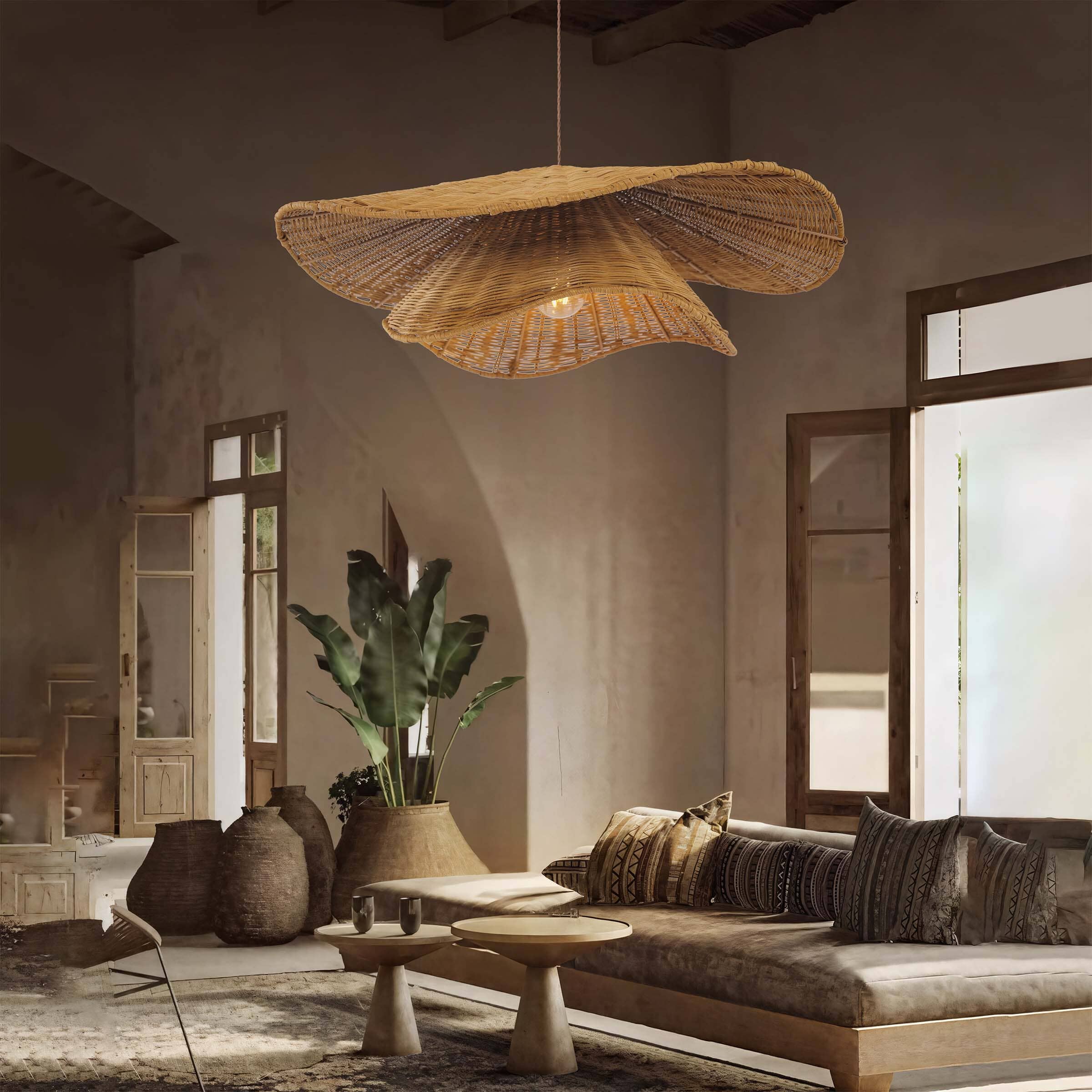Lightsin Woven Rattan and Iron Pendant Light – Organic Ceiling Pendant Light for Dining Room, Living Room, and Modern Rustic Interiors Lightsin UK 60cm Dia 1 Unit 