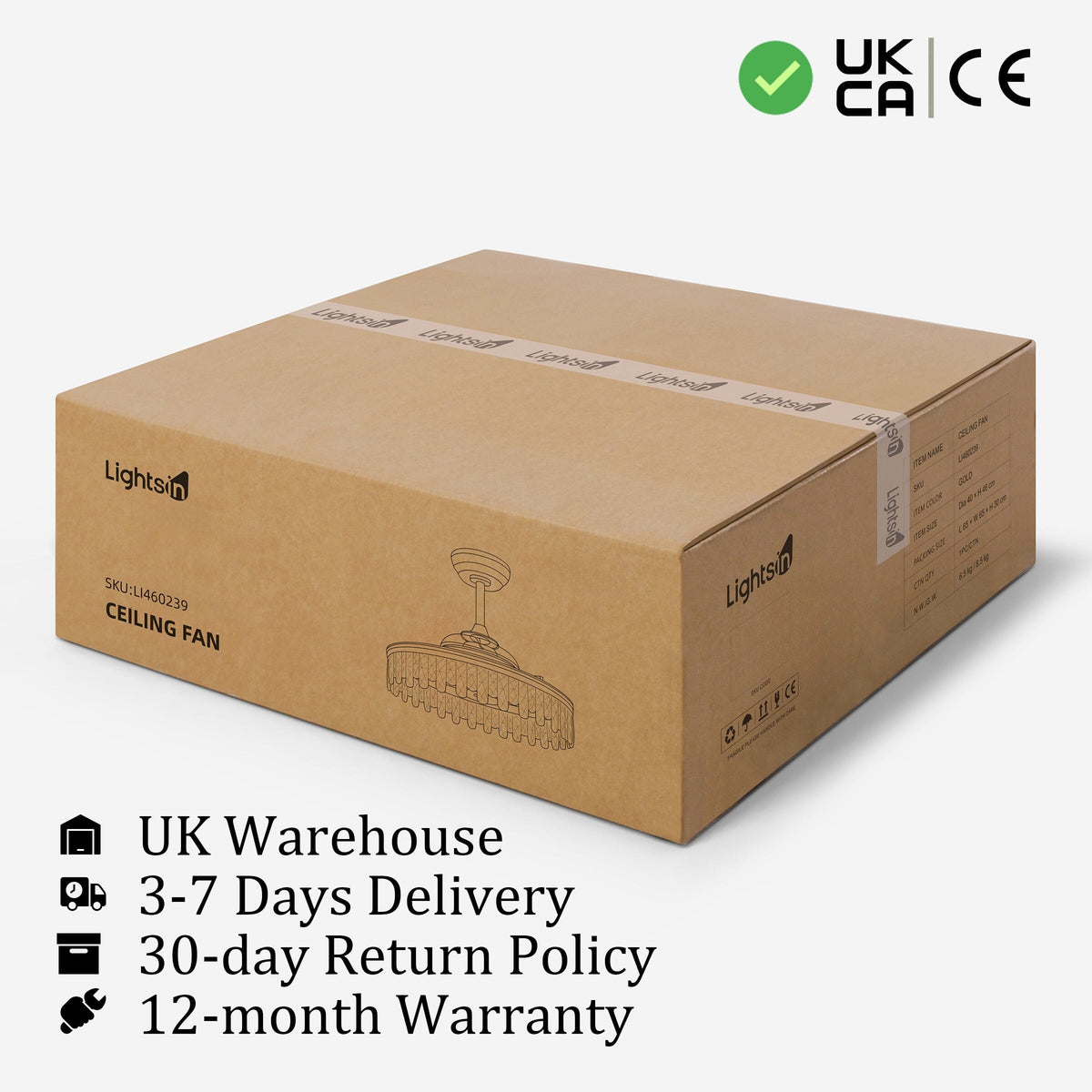 Packaged gold LED ceiling fan light box with UK delivery and warranty icons