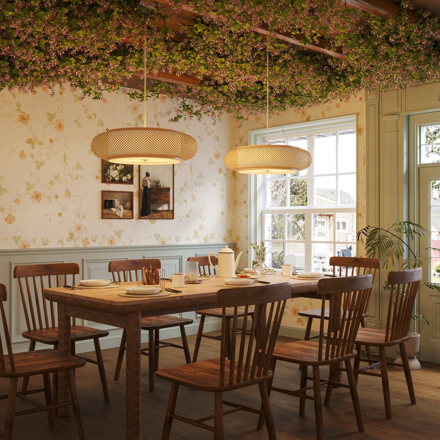 pair of bamboo pendant lights in a vintage dining room
