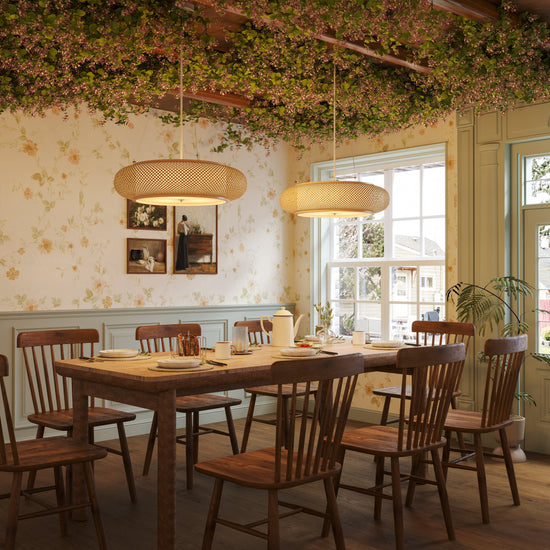pair of bamboo pendant lights in a vintage dining room
