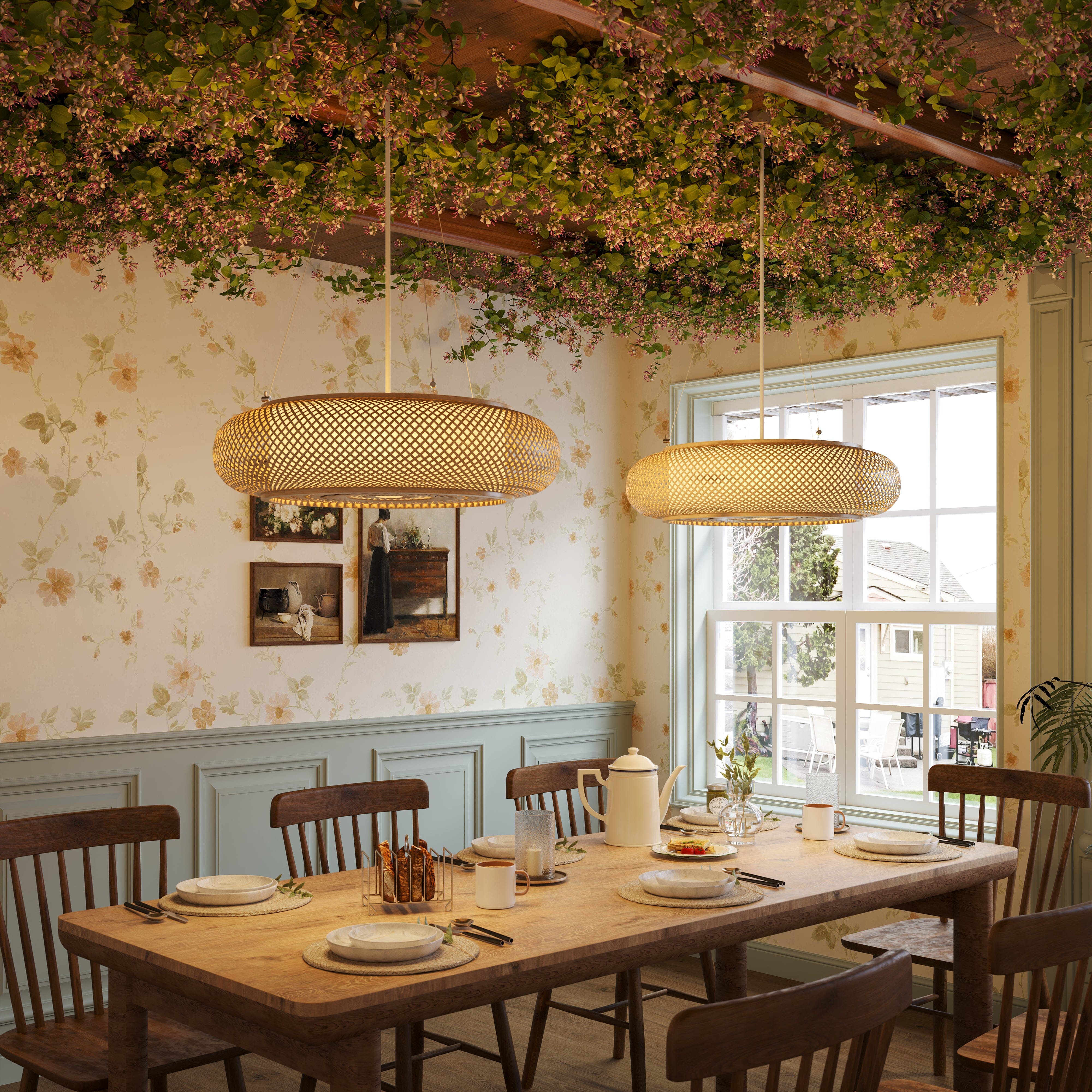 two bamboo pendant lights over a dining room table