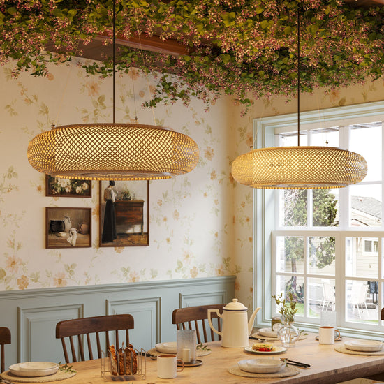pair of bamboo pendant lights near a dining room window
