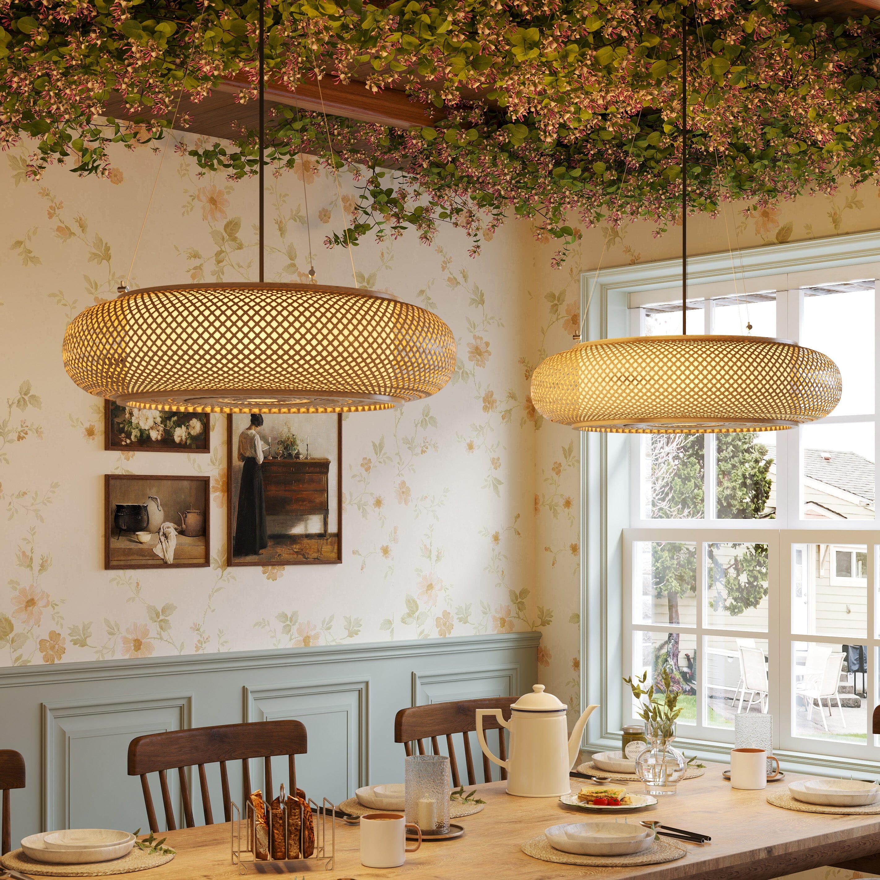 pair of bamboo pendant lights by a dining room window