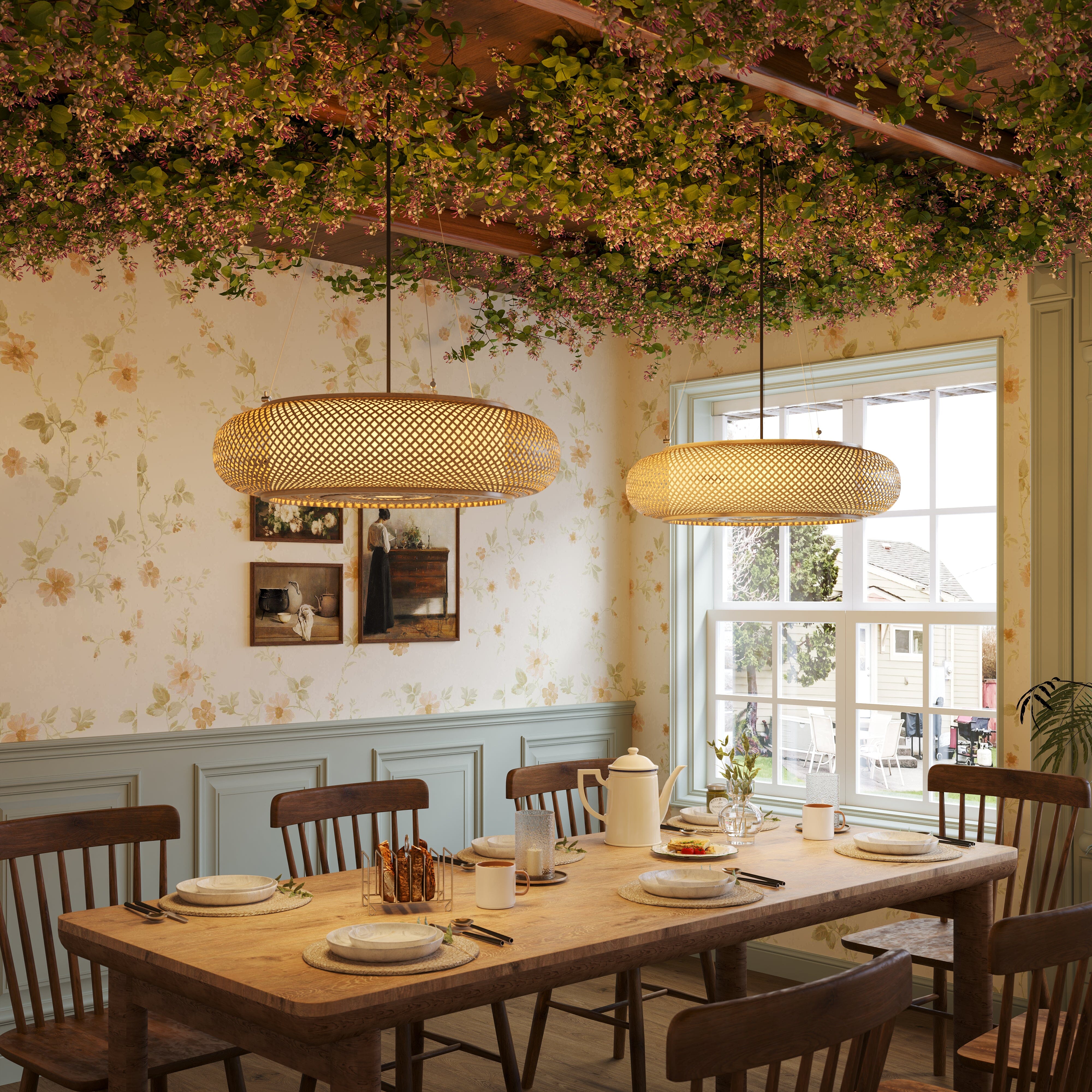 two bamboo pendant lights above a dining table