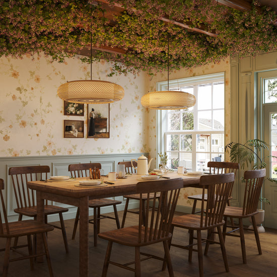 pair of bamboo pendant lights in a vintage dining room