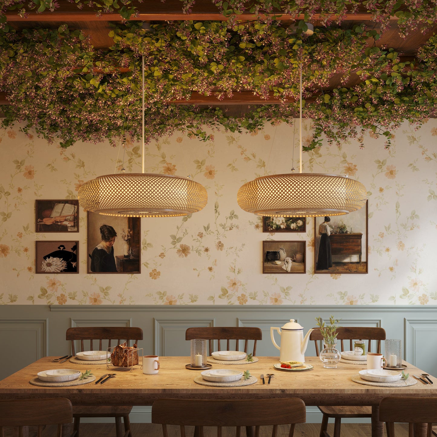 two bamboo pendant lights above a dining bench
