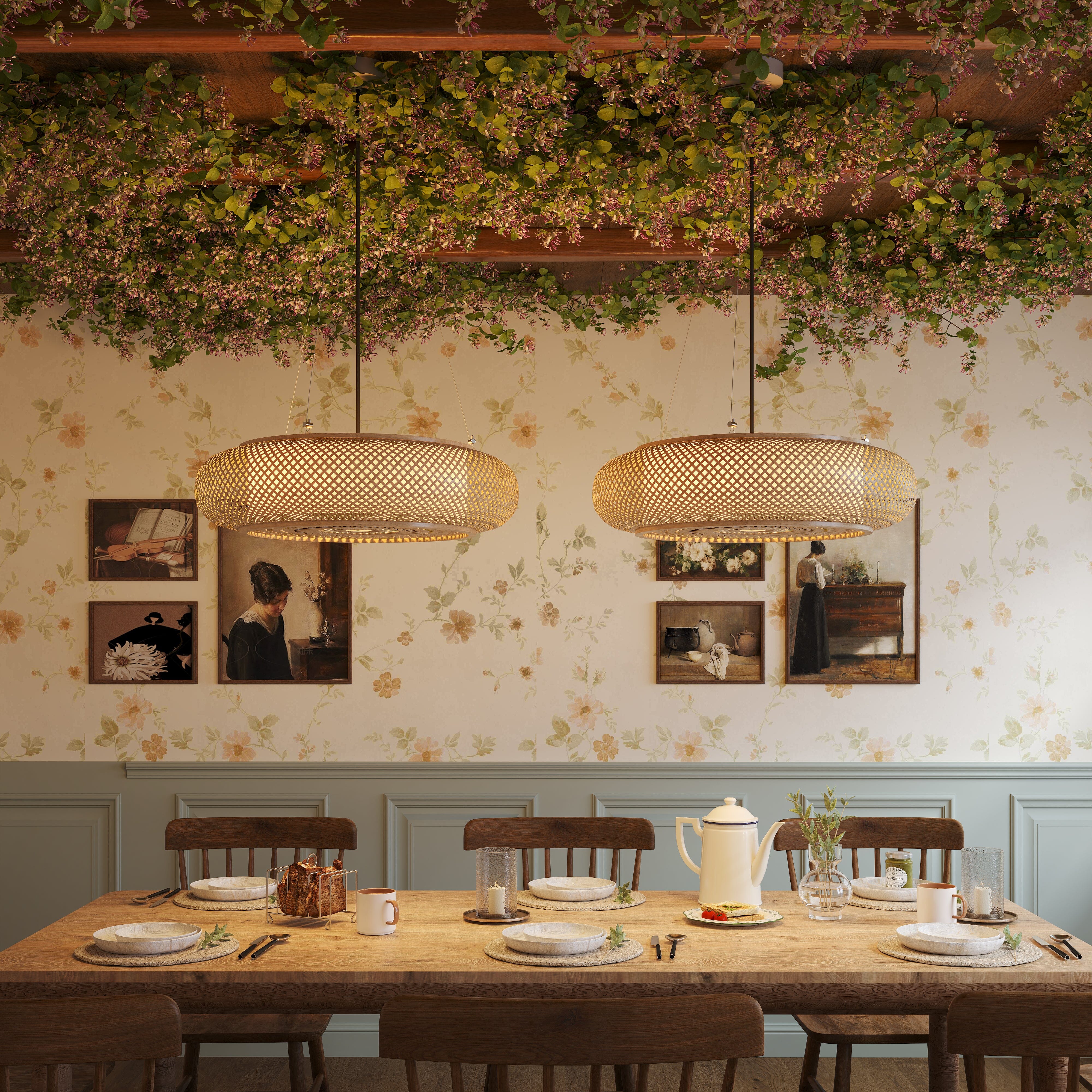two bamboo pendant lights above a dining table