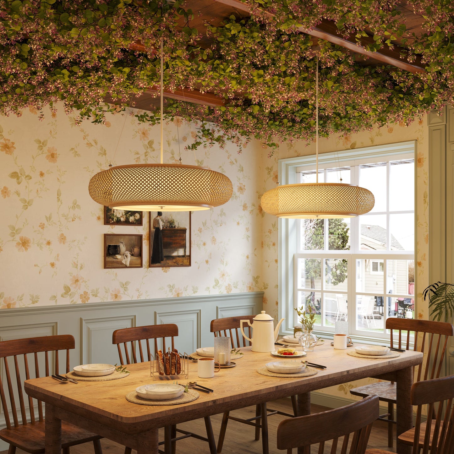 two bamboo pendant lights over a set dining table