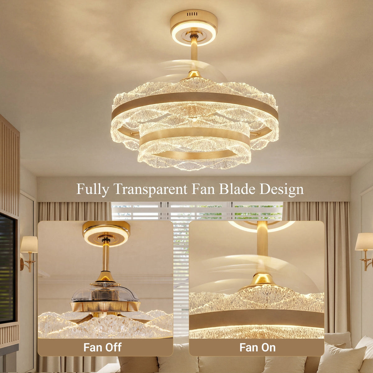 Transparent retractable blades shown open and closed on gold crystal fan light