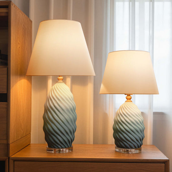 3D Blue Green White Gradient Threaded Ceramic Table Lamp with Fabric Shade