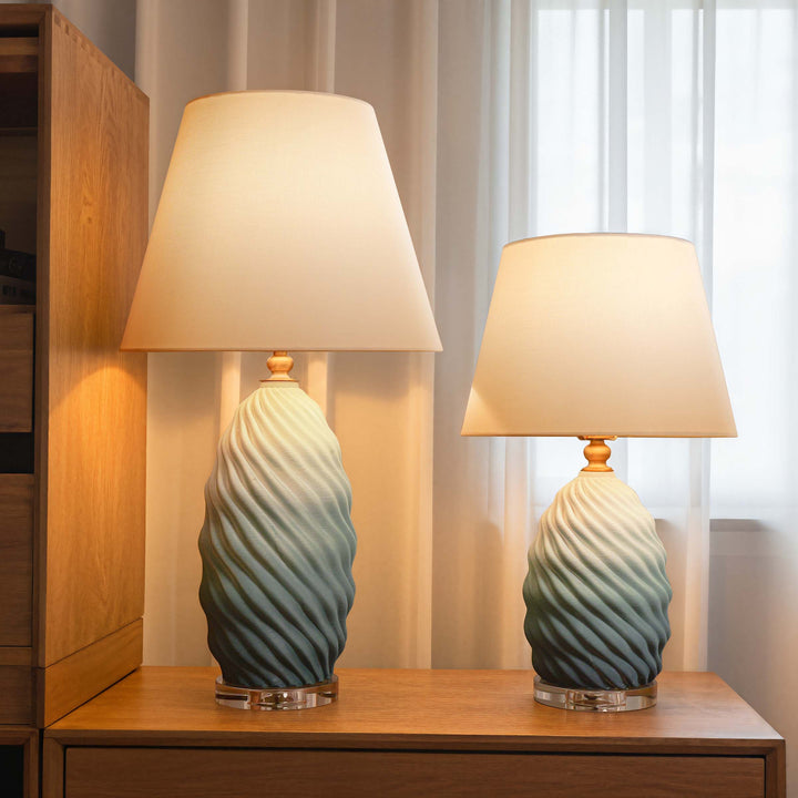 3D Blue Green White Gradient Threaded Ceramic Table Lamp with Fabric Shade