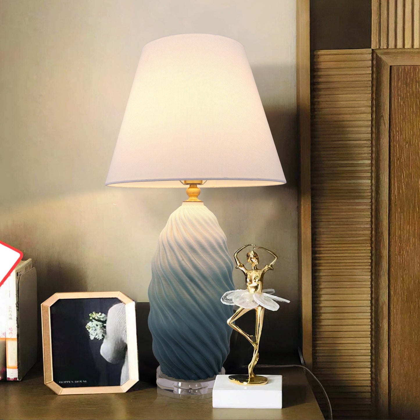 Lightsin 3D Blue Green White Gradient Threaded Ceramic Table Lamp with Fabric Shade Lightsin UK 