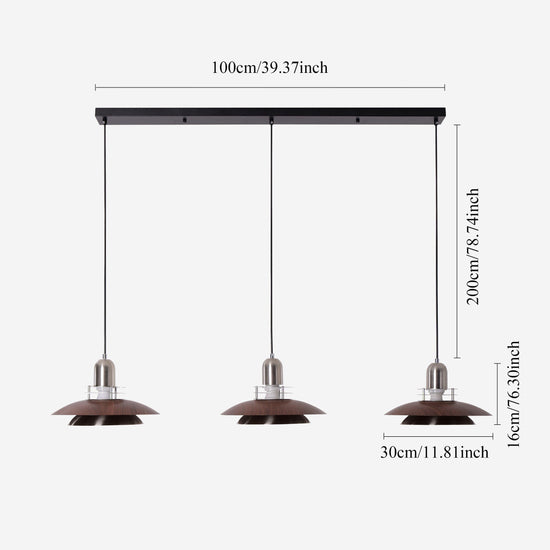 3-light walnut iron bar pendant with shade and canopy details