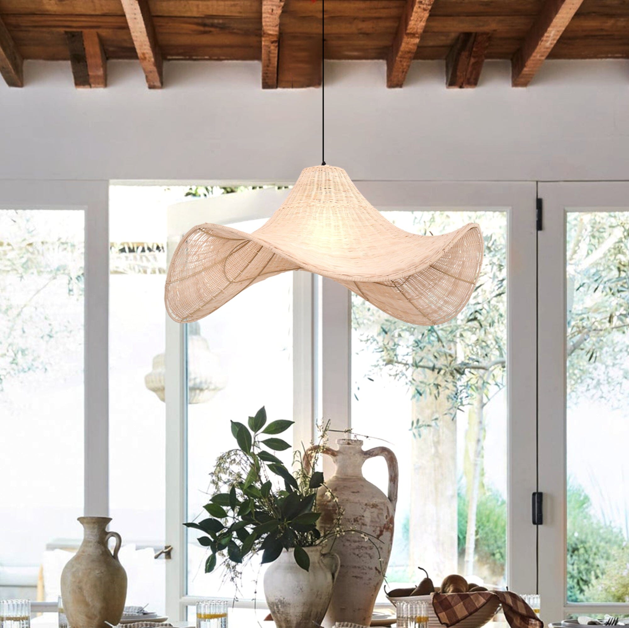 Living Nest UK Natural & White Hat-Shaped Handwoven Rattan Pendant Light Living Nest UK White