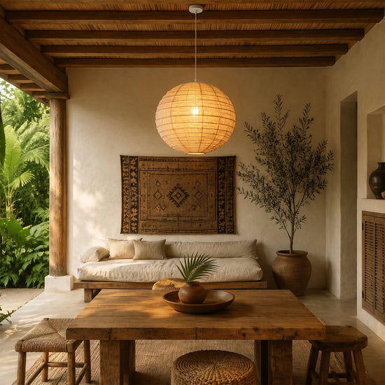 Wabi-Sabi Linen Spherical Pendant Light for Bedroom, Dining Room & Boho Interiors