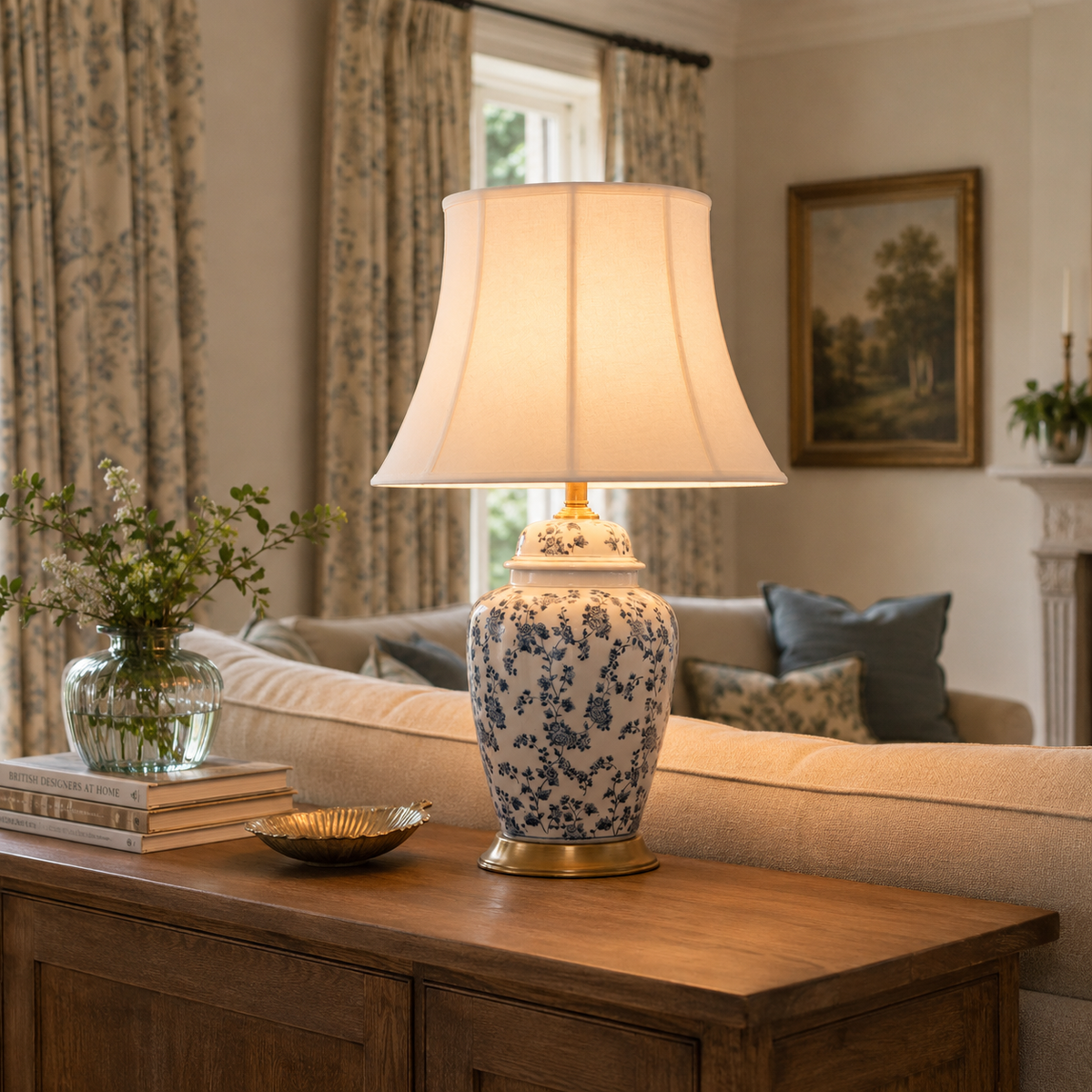 blue floral ceramic table lamp with fabric shade on a wooden living room table