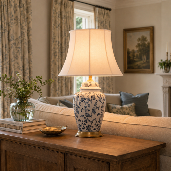 blue floral ceramic table lamp with fabric shade on a wooden living room table