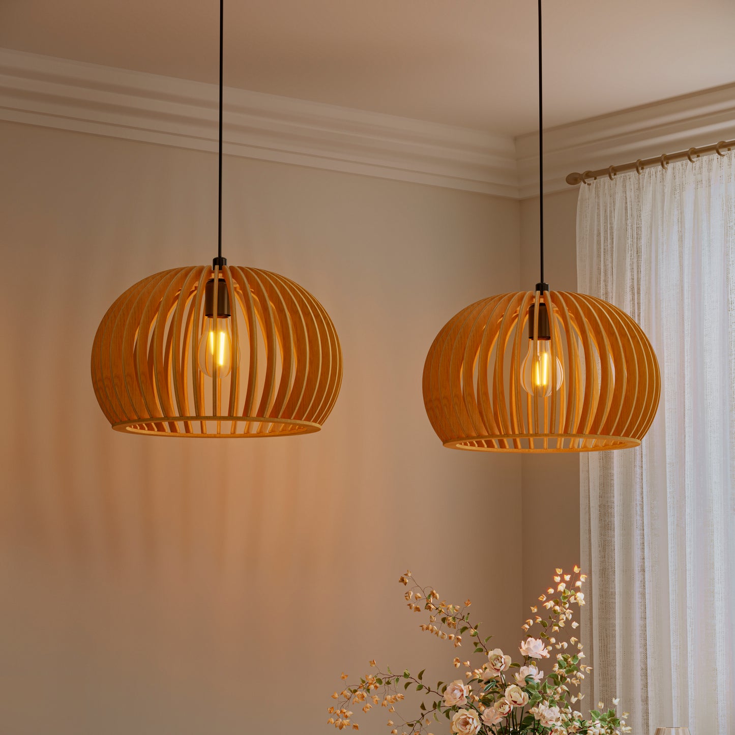 Shadome-Natural Wood Pumpkin Pendant Light Eco Friendly Rustic Hanging Lamp for Home Decor