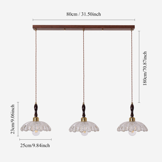 3-light walnut resin mini pendant with shade and canopy details