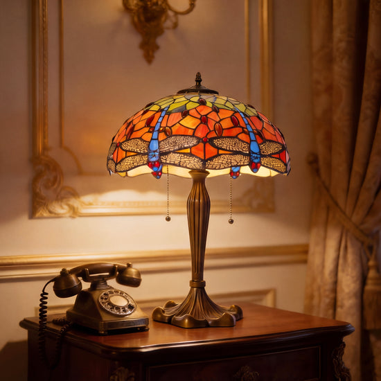 Tiffany Table Lamp | Handcrafted Stained Glass Dragonfly Series Blue Dragonfly