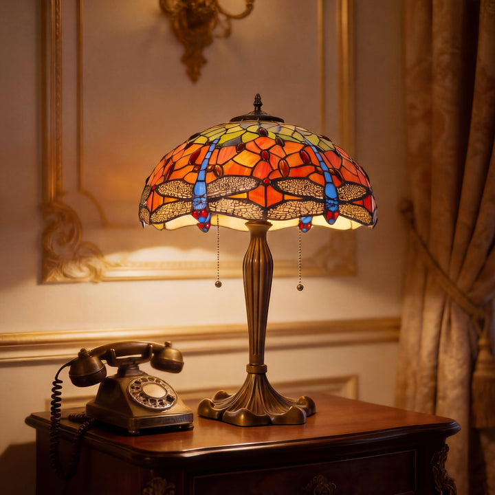 Tiffany Table Lamp | Handcrafted Stained Glass Dragonfly Series Blue Dragonfly