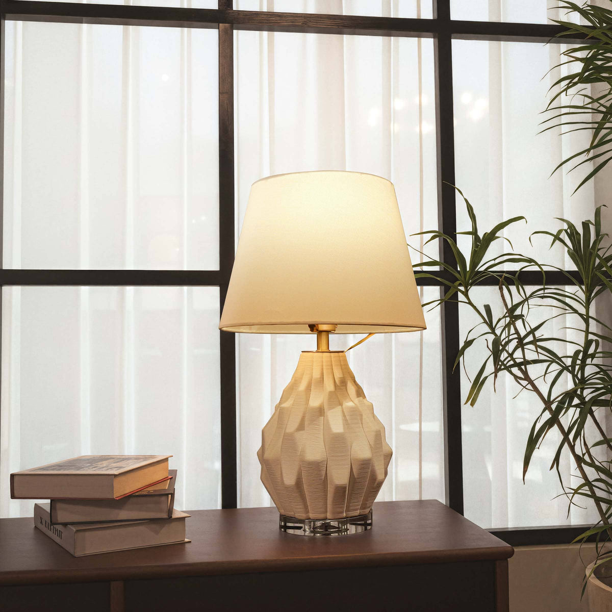 Lightsin 3D Pure White Polygonal Textured Ceramic Table Lamp with Fabric Shade Lightsin UK