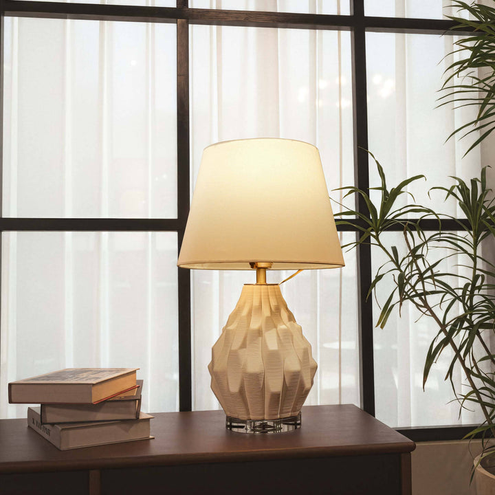 Lightsin 3D Pure White Polygonal Textured Ceramic Table Lamp with Fabric Shade Lightsin UK