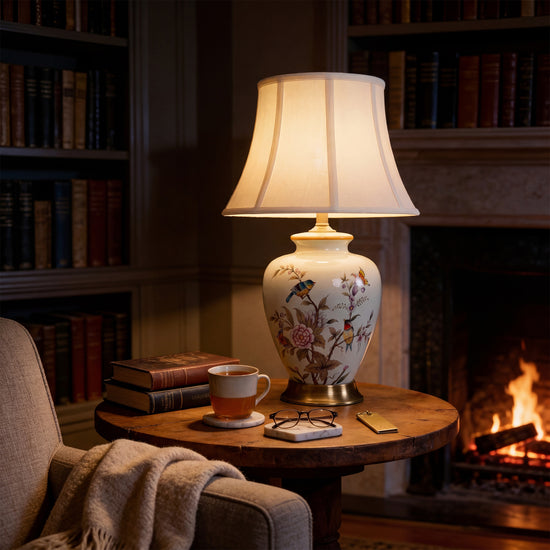 Hand-Painted Vintage Ceramic Bird & Floral Table Lamp in Soft Celadon Green for Living Room, Bedroom