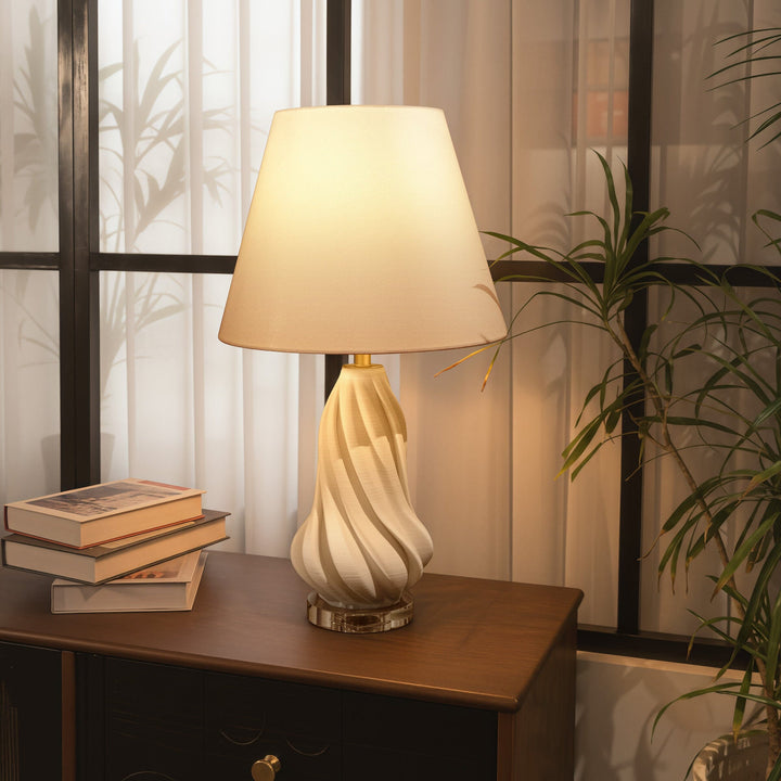Lightsin 3D Pure White Ceramic Spiral Vase Table Lamp with Fabric Shade Lightsin UK