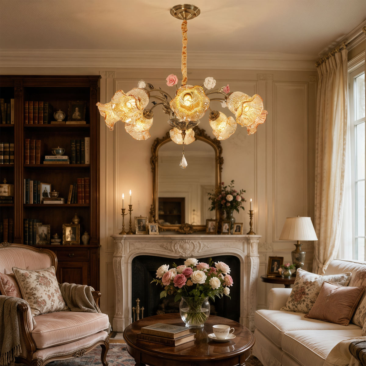 antique bronze chandelier with amber flower shades shown as a clean product view