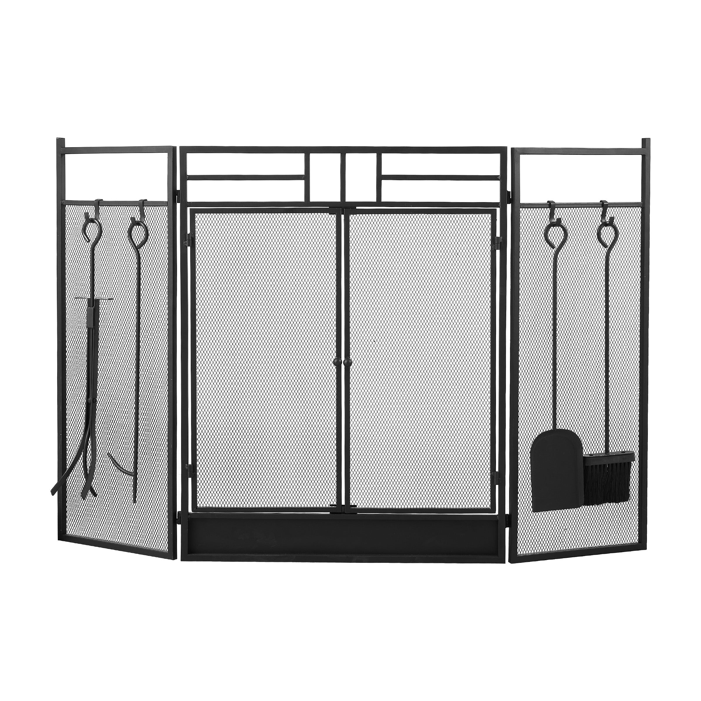 Iron Fireplace Screen with 4-Piece Tool Set Black Powder Coated – 122x1.3x80cm