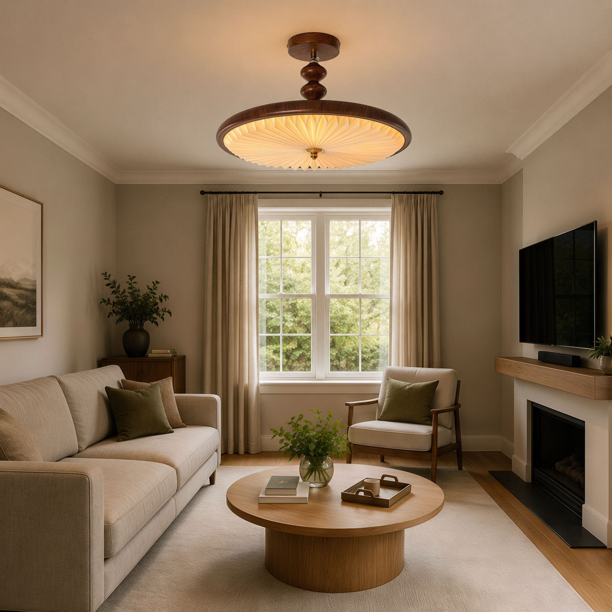 walnut pleated flush ceiling light in a hallway with neat flush fit