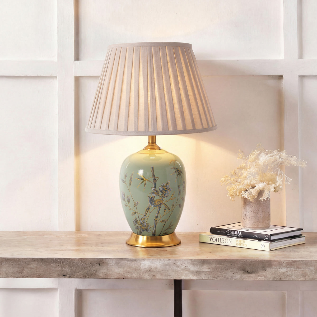 Green Bamboo & Bird Ceramic Table Lamp with Seamless Dimming