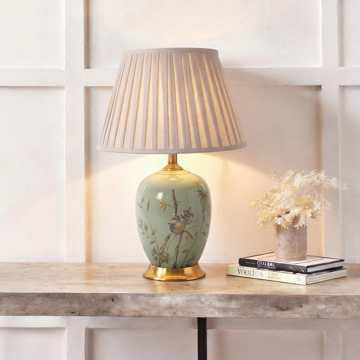Green Bamboo & Bird Ceramic Table Lamp with Seamless Dimming