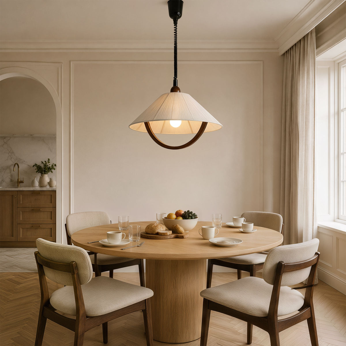 natural wood curved pendant light shown as a clean product view