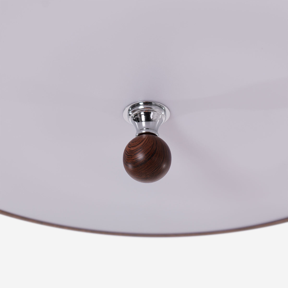 walnut two-globe flush ceiling light with a warm diffused glow