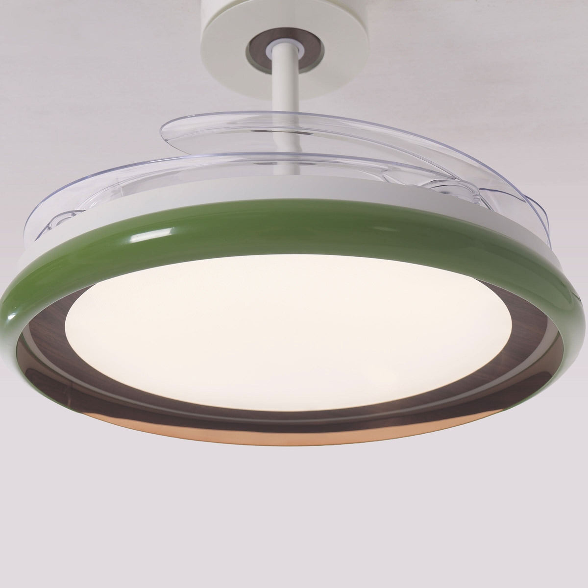 48 inch reversible ceiling fan with LED light shown from below with LED light on
