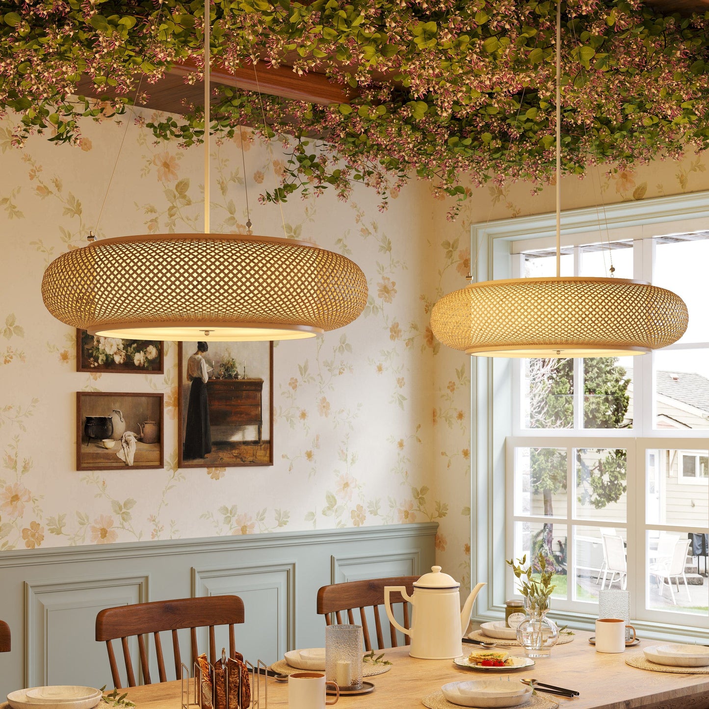 two bamboo pendant lights near a dining room window