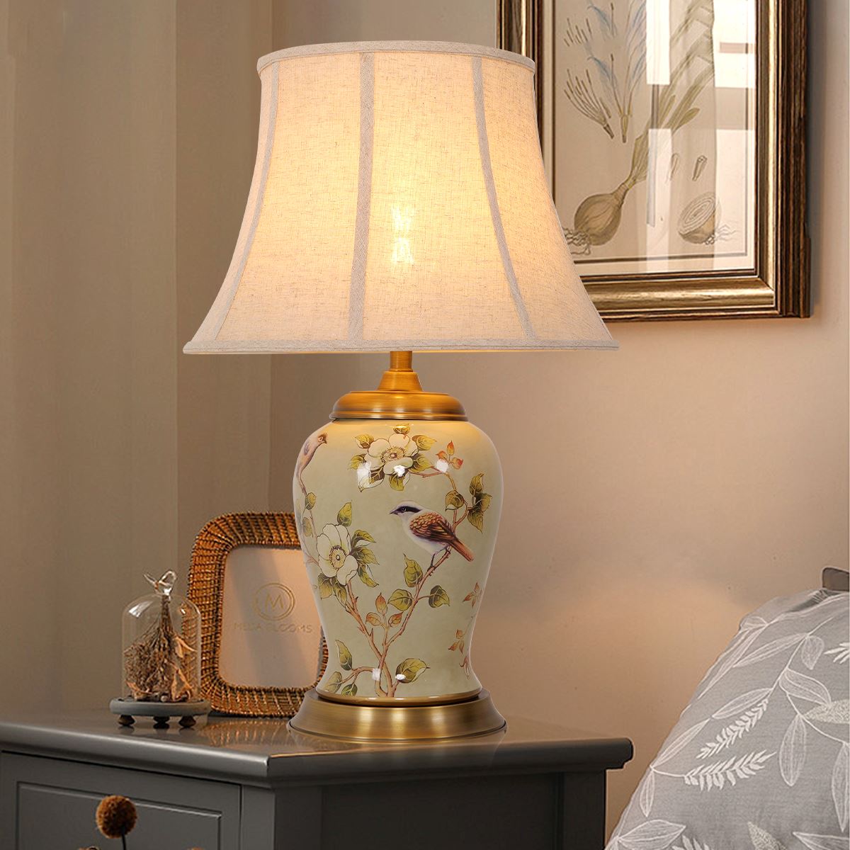 Living Nest UK Vintage Camellia Ceramic Table Lamp with Copper Base and Fabric Shade Living Nest UK