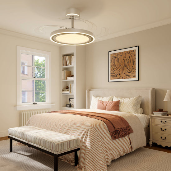 48 inch reversible ceiling fan with LED light in a neutral lounge setting