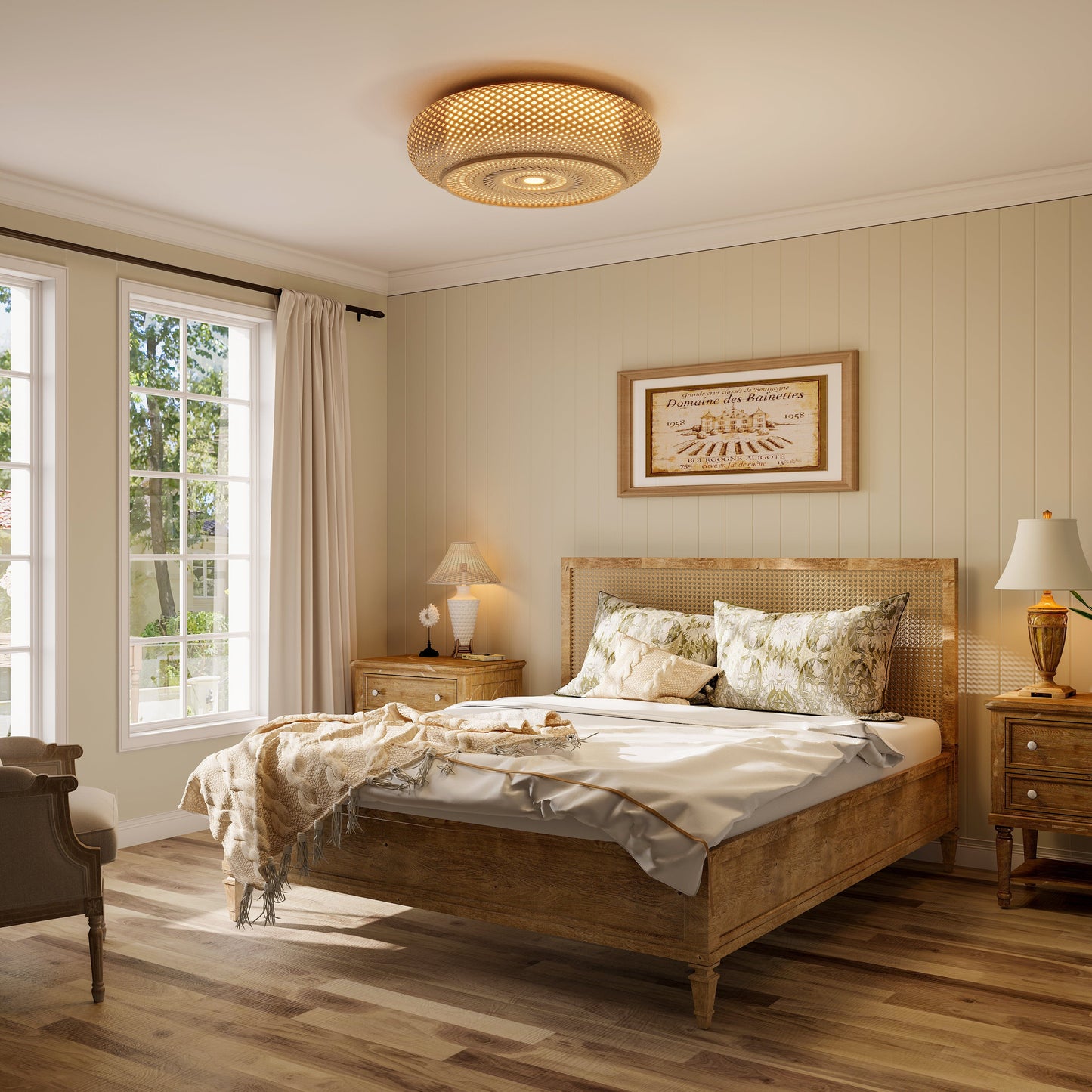 bamboo rattan ceiling light in a warm bedroom