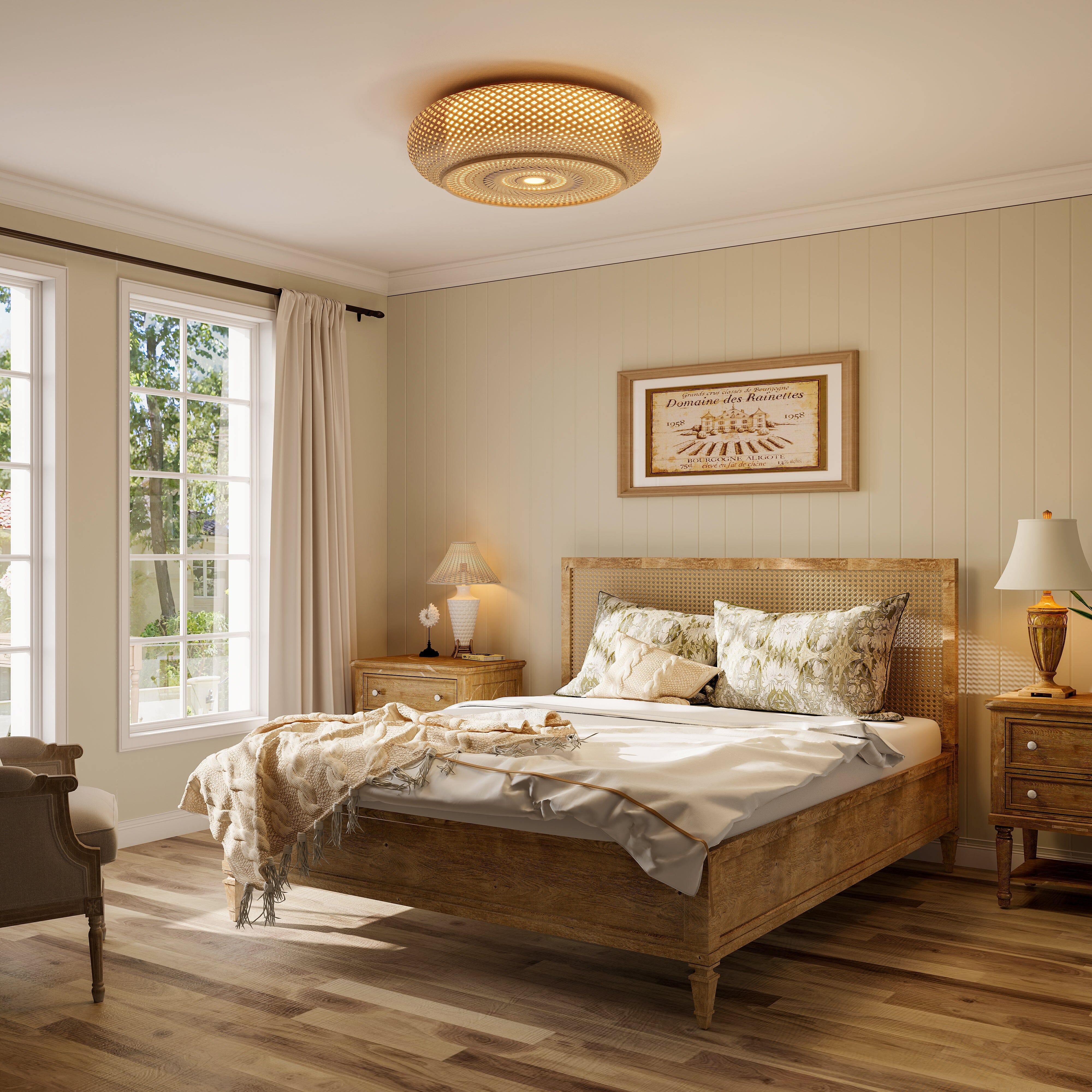 bamboo rattan ceiling light in a warm bedroom
