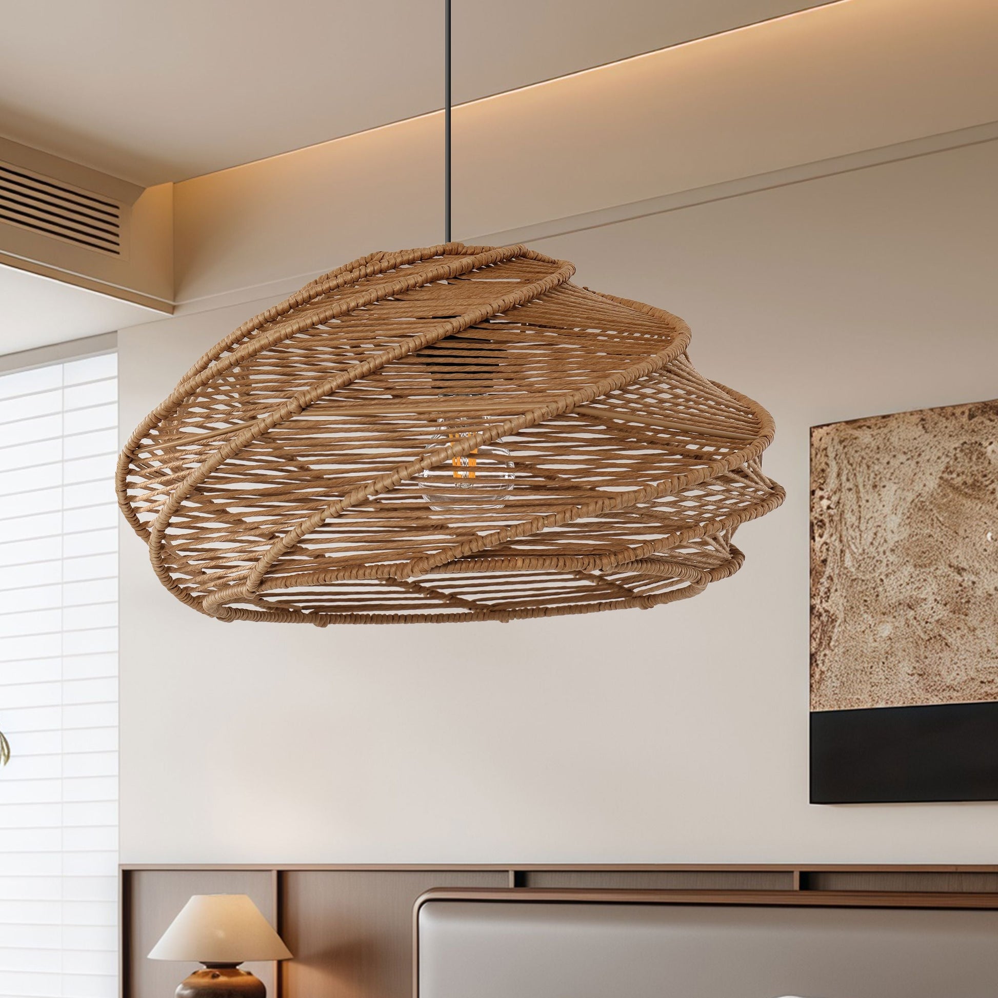 spiral woven rattan pendant light in a calm neutral room setting