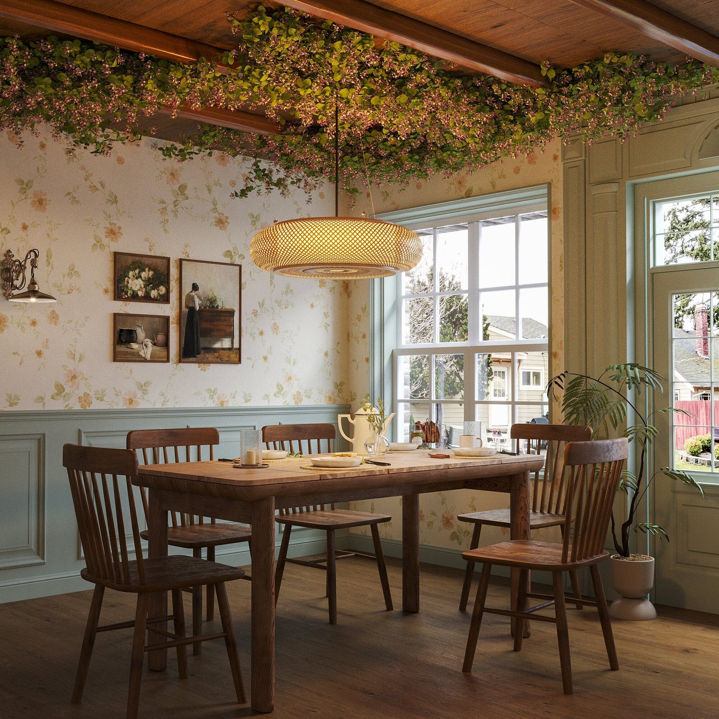 woven bamboo pendant light in a bright dining room