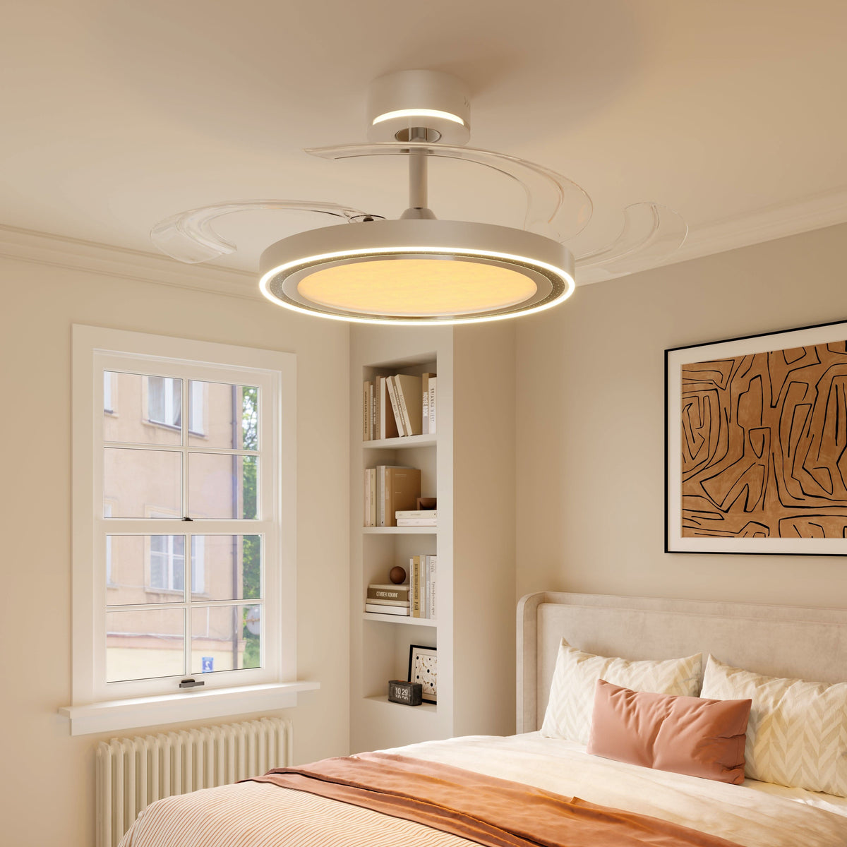 48 inch reversible ceiling fan with LED light with dimensions shown for installation
