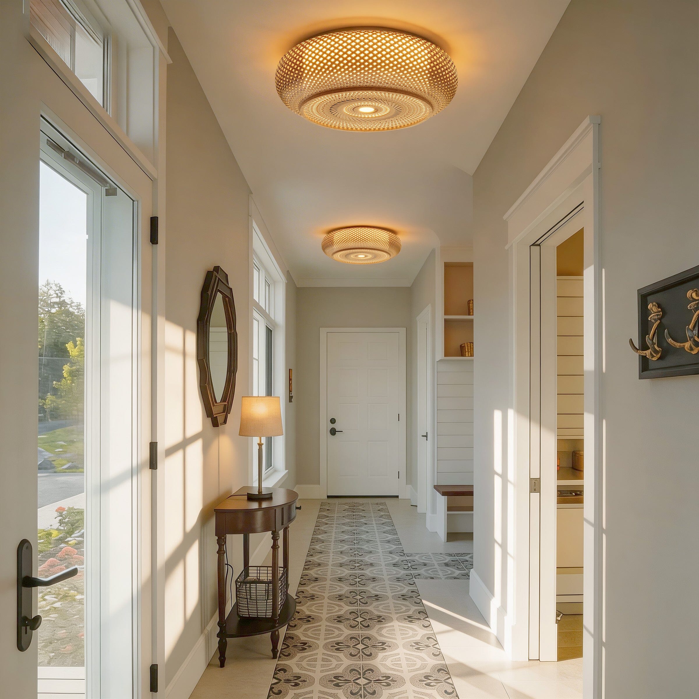bamboo rattan ceiling light in a bright entryway