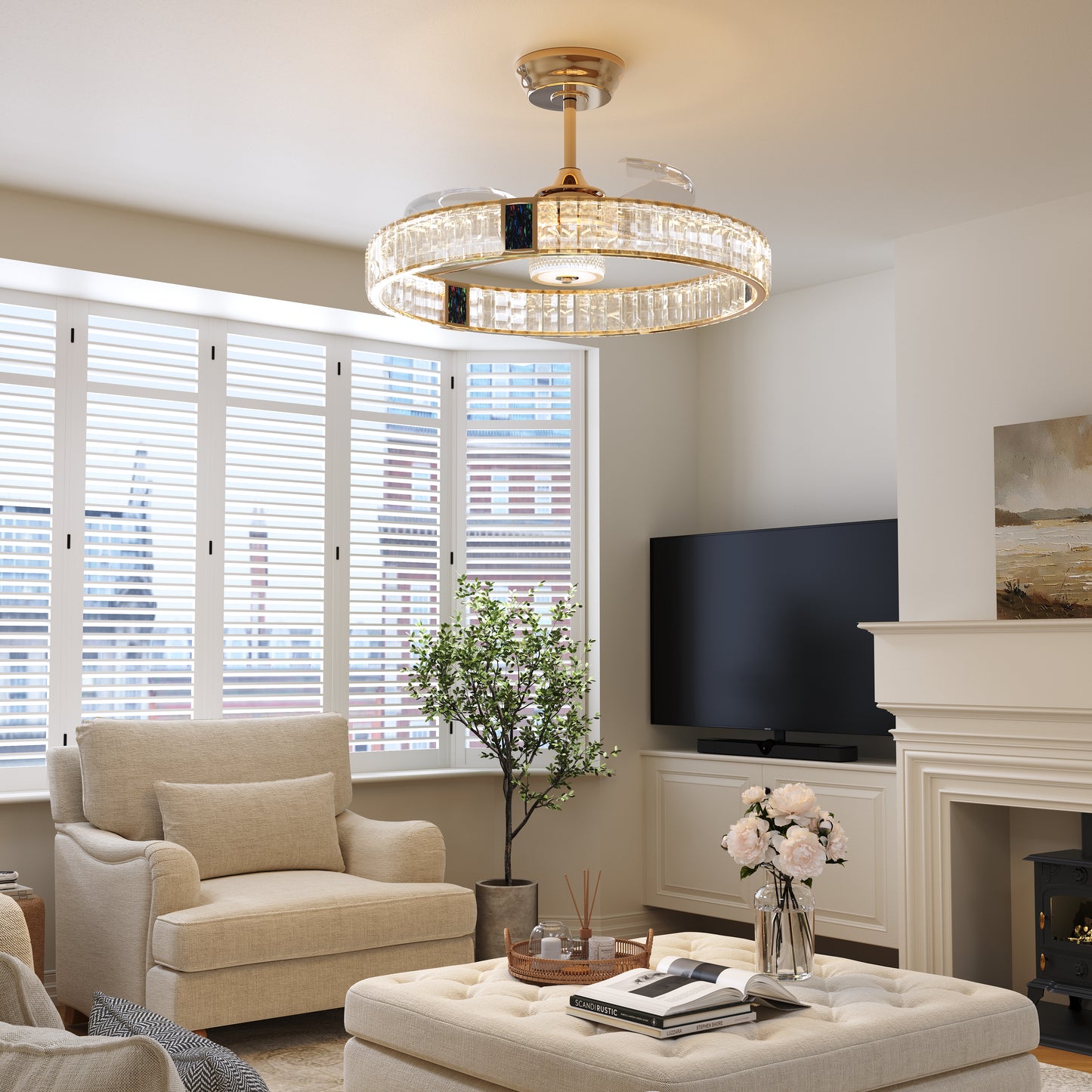 Gold crystal ceiling fan light shown in a stylish bedroom interior