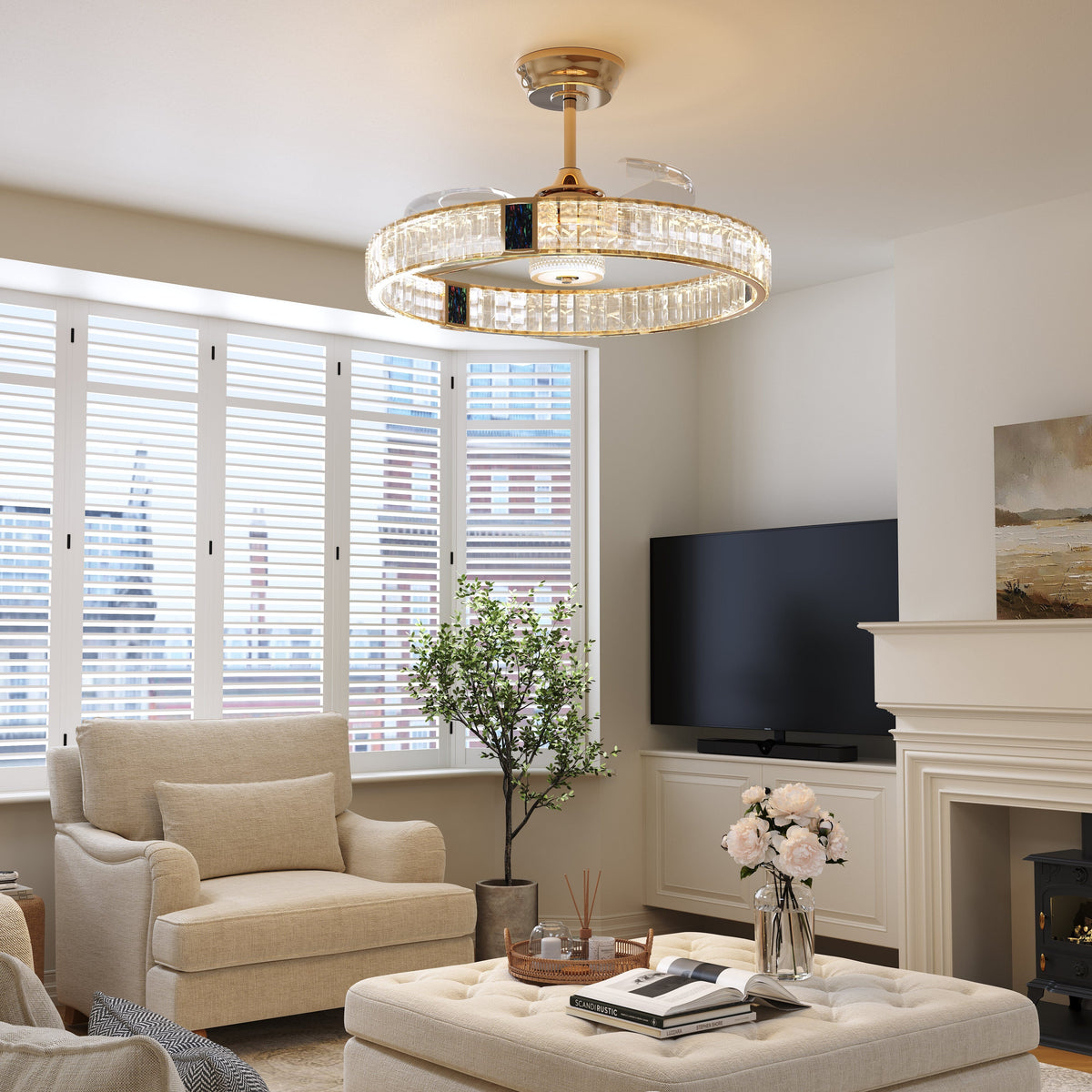 Gold crystal ceiling fan light shown in a stylish bedroom interior